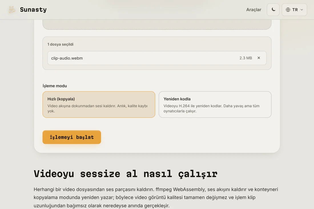 Yüklenmiş bir klip ile ses kapatma aracı, Hızlı (kopya) ve Yeniden kodla mod kartlarını gösteriyor