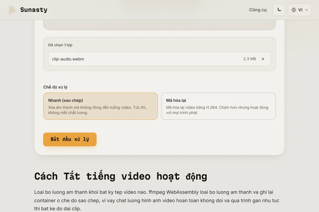 Công cụ tắt tiếng video với một clip đã nạp, hiển thị thẻ chế độ Nhanh (sao chép) và Mã hóa lại