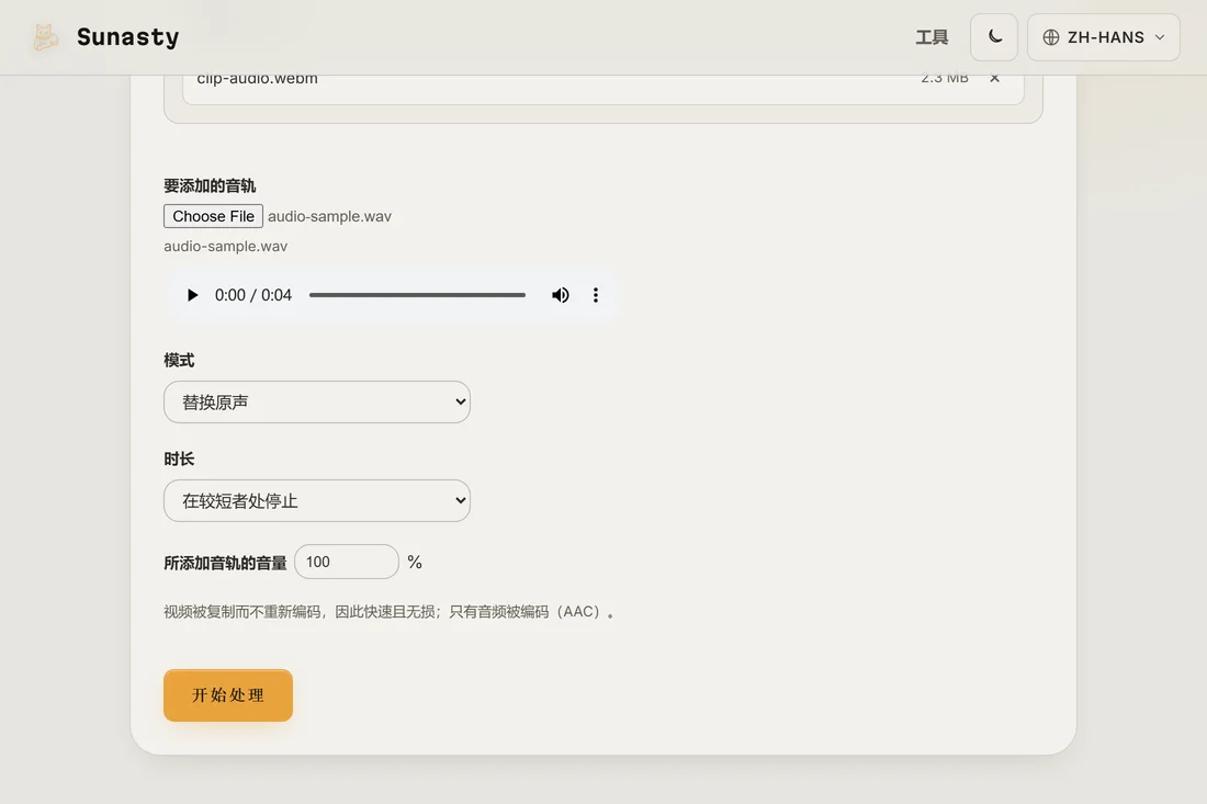 带有视频和一条可供下载的新音轨的添加音频工具