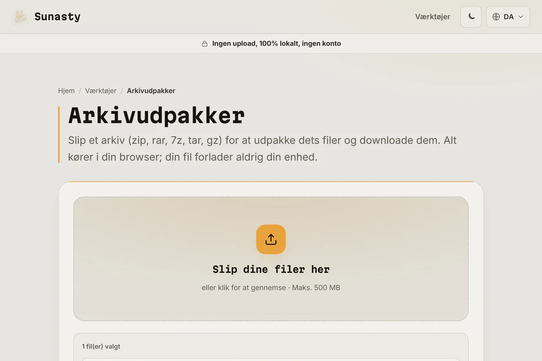 Arkivudtrækningsværktøjet med en .zip-eksempelfil sluppet i uploadområdet, klar til udtrækning