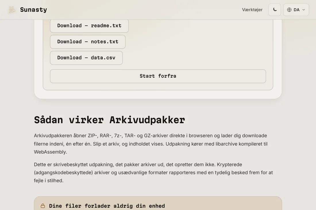 Listen over udpakkede filer, hver med sin egen downloadknap