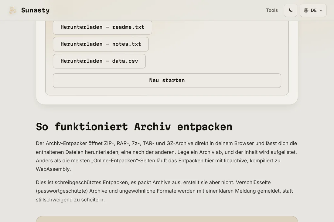 Die Liste der extrahierten Dateien, jede mit ihrer eigenen Download-Schaltfläche