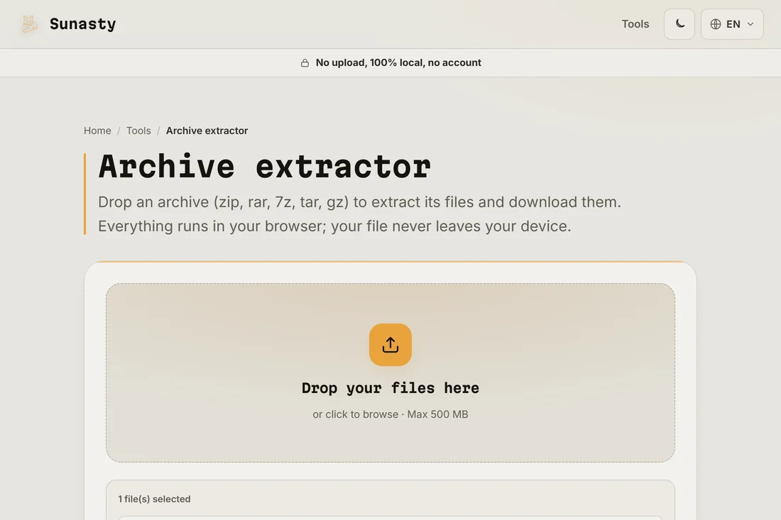 The archive extractor with a sample .zip file dropped into the upload area, ready to extract