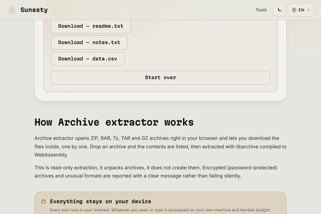 The list of extracted files, each with its own download button