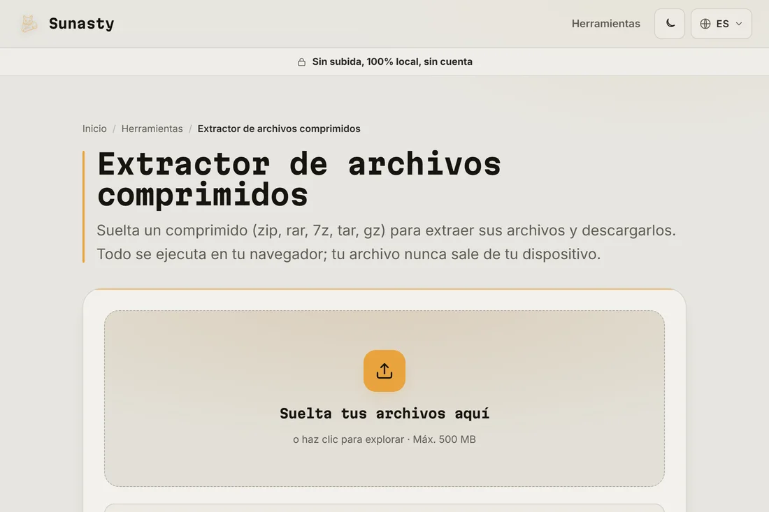 El extractor de archivos con un archivo .zip de muestra en el área de subida, listo para extraer