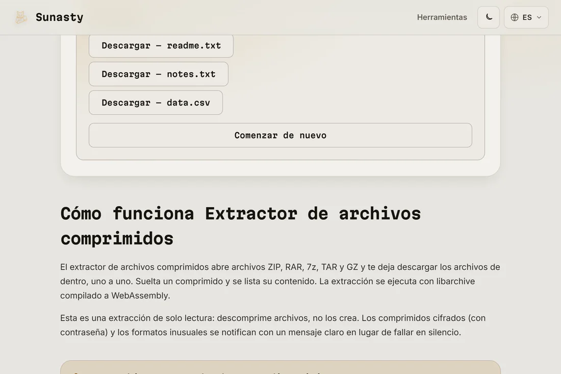 La lista de archivos extraídos, cada uno con su propio botón de descarga