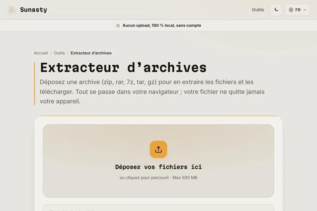 L'extracteur d'archives avec un fichier .zip d'exemple déposé dans la zone d'envoi, prêt à être extrait