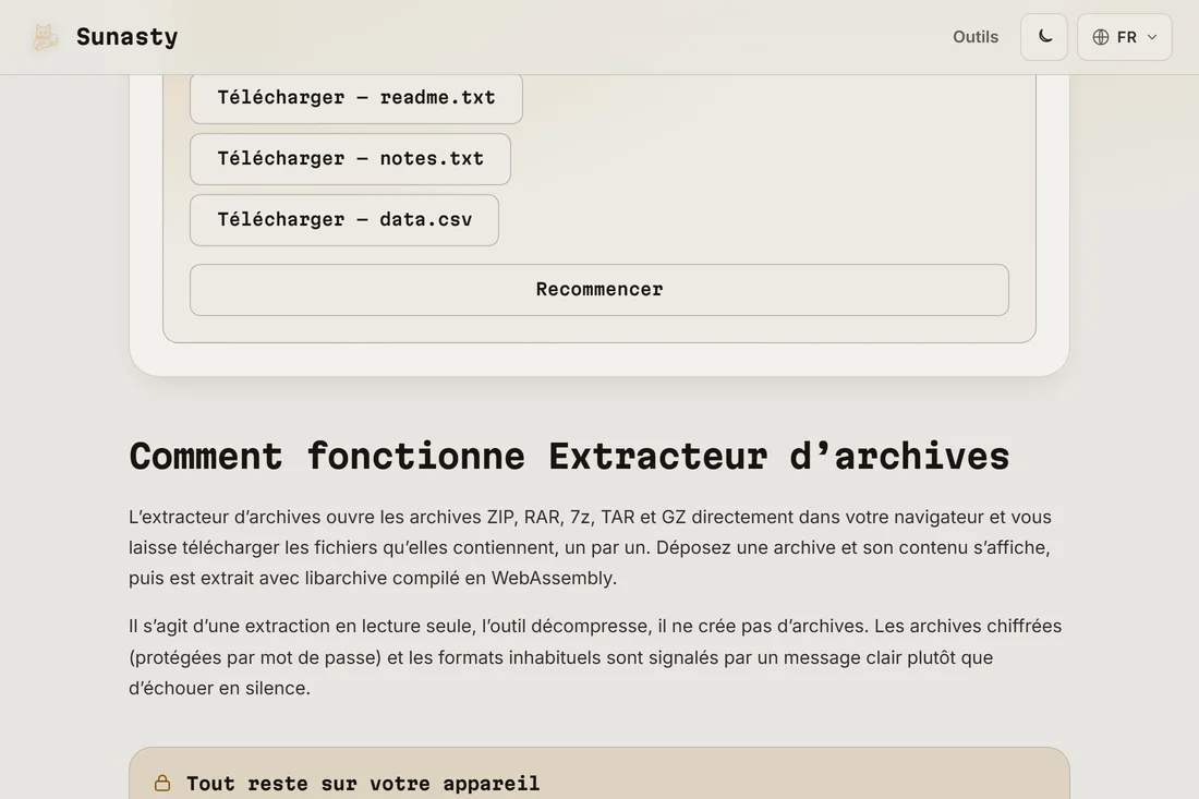 La liste des fichiers extraits, chacun avec son propre bouton de téléchargement