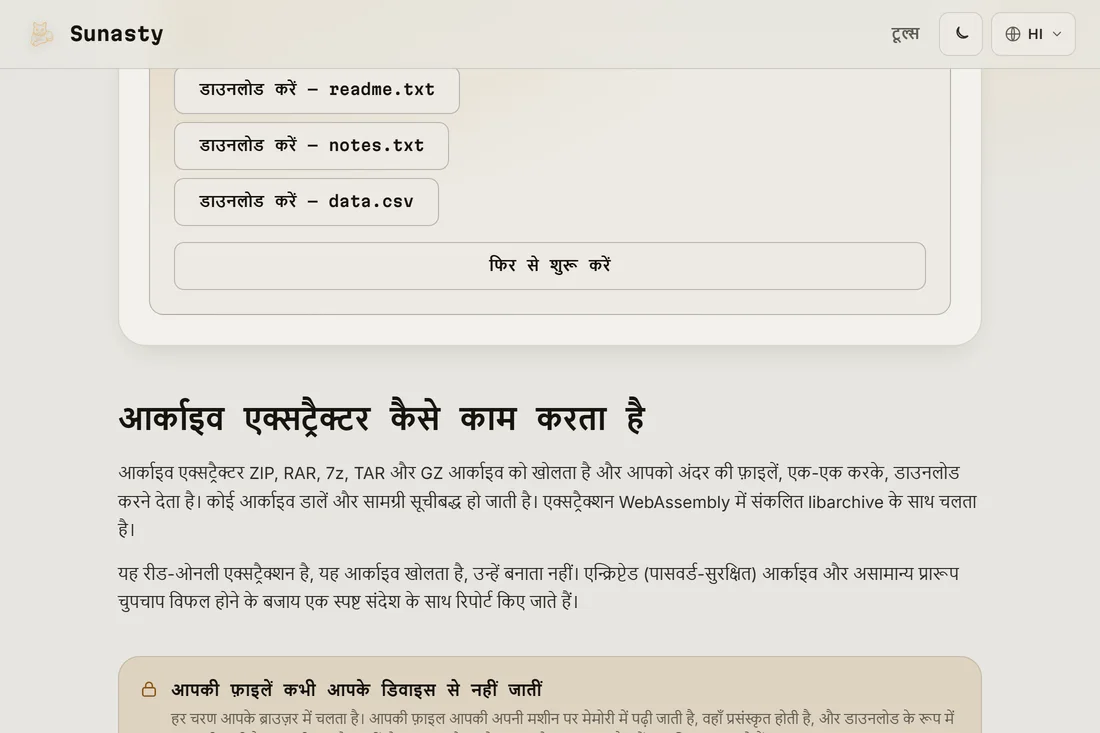 निकाली गई फ़ाइलों की सूची, हर एक के अपने डाउनलोड बटन के साथ