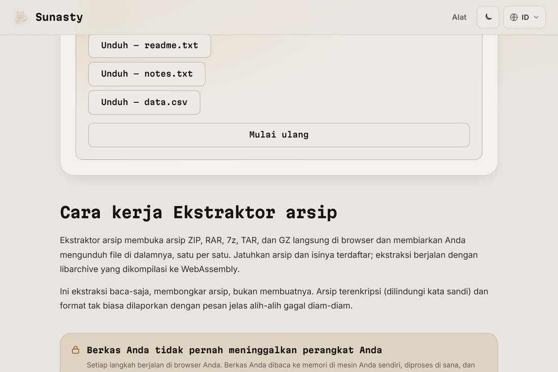 Daftar file yang diekstrak, masing-masing dengan tombol unduh tersendiri