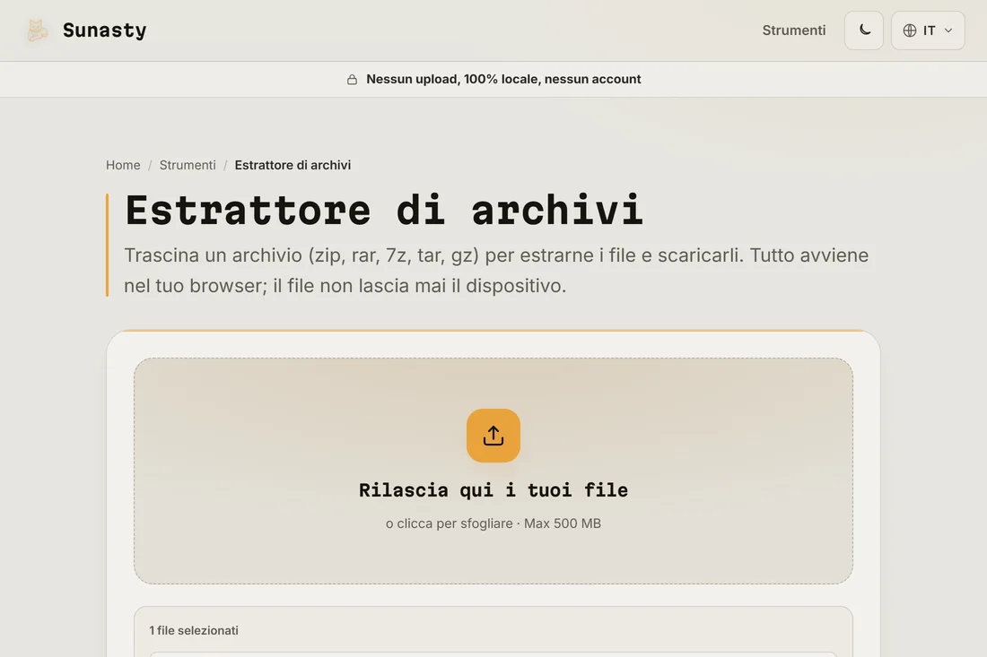 L'estrattore di archivi con un file .zip di esempio trascinato nell'area di caricamento, pronto per l'estrazione