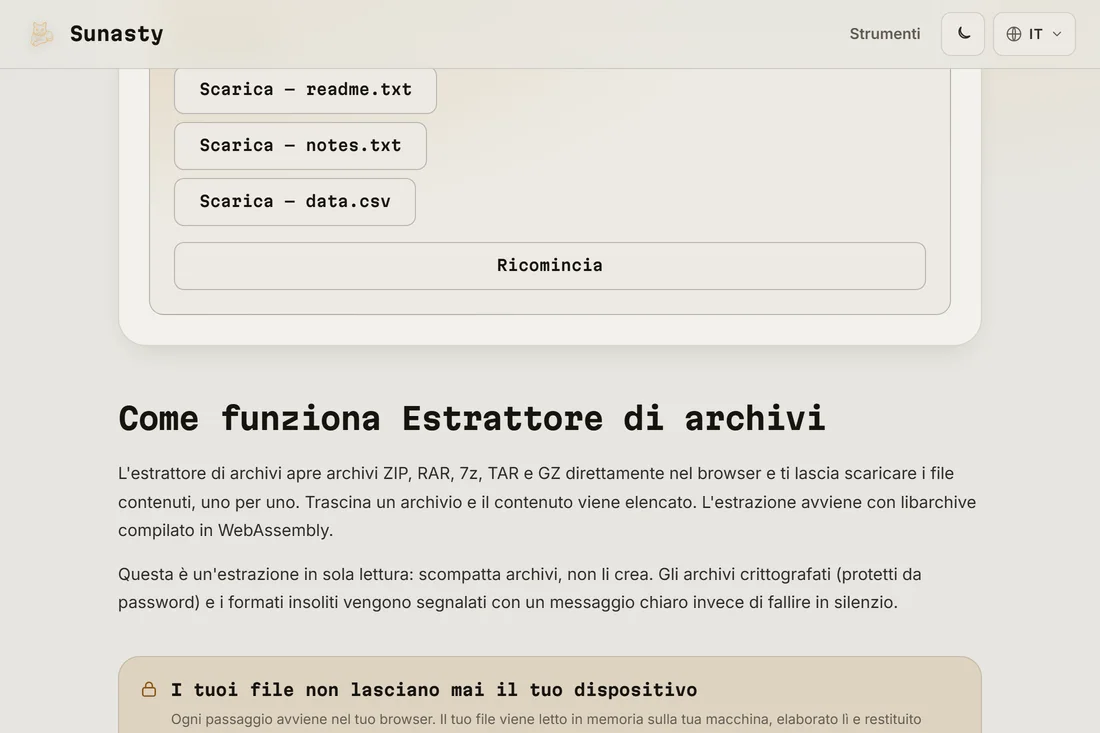 L'elenco dei file estratti, ciascuno con il proprio pulsante di download
