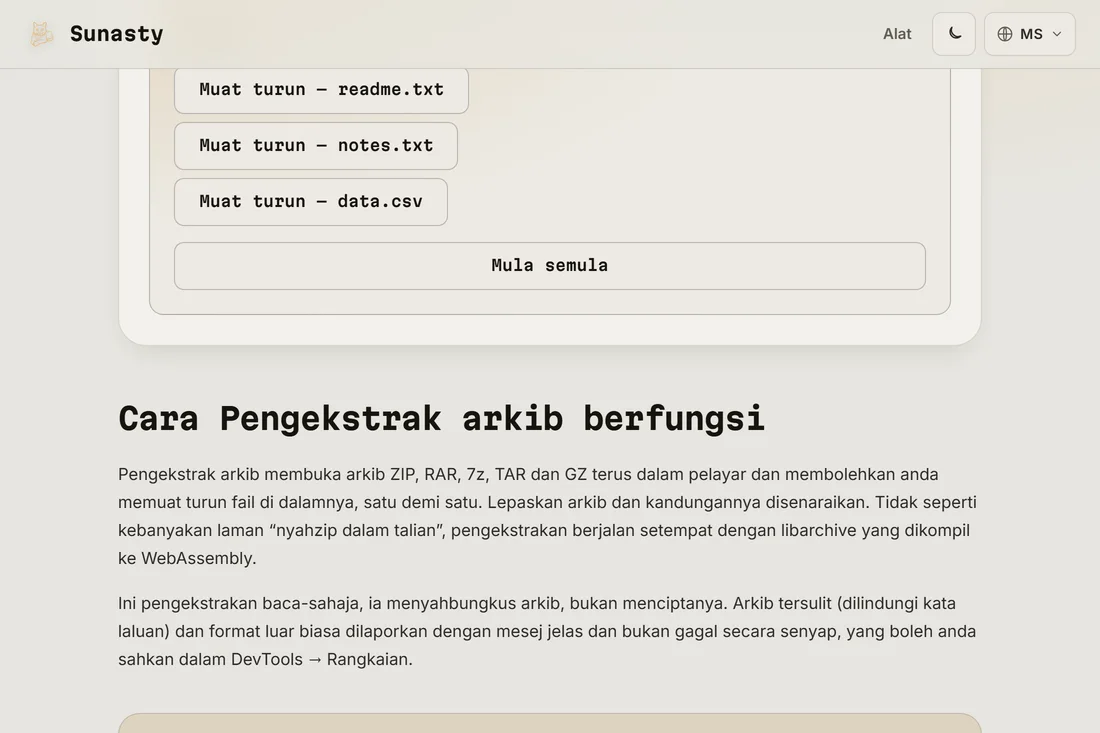 Senarai fail yang diekstrak, setiap satu dengan butang muat turun tersendiri