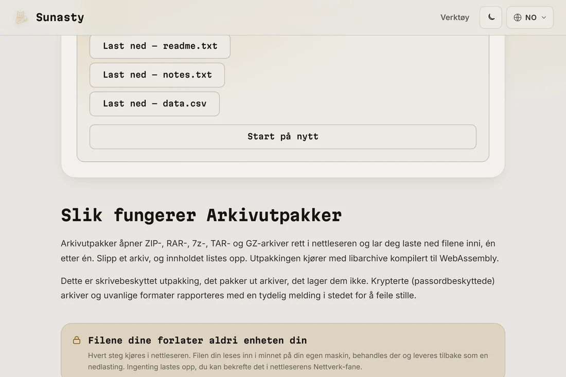 Listen over utpakkede filer, hver med sin egen nedlastingsknapp