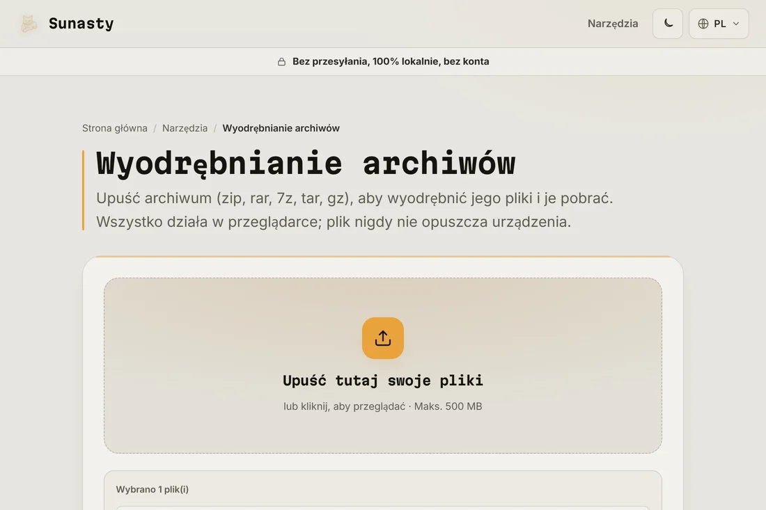 Ekstraktor archiwów z przykładowym plikiem .zip upuszczonym w obszarze wysyłania, gotowym do wypakowania