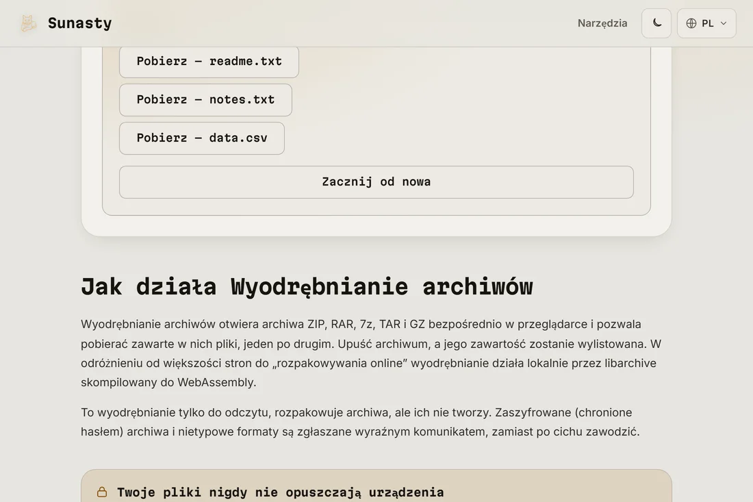 Lista wypakowanych plików, każdy z własnym przyciskiem pobierania