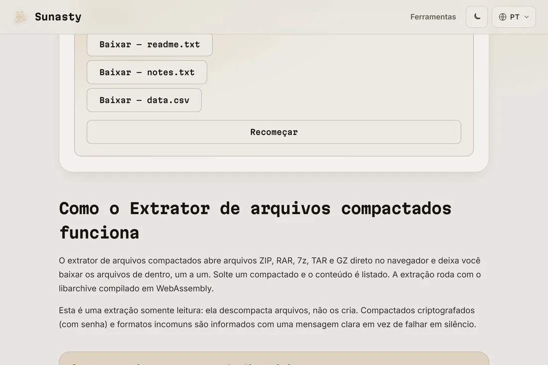 A lista de arquivos extraídos, cada um com seu próprio botão de download