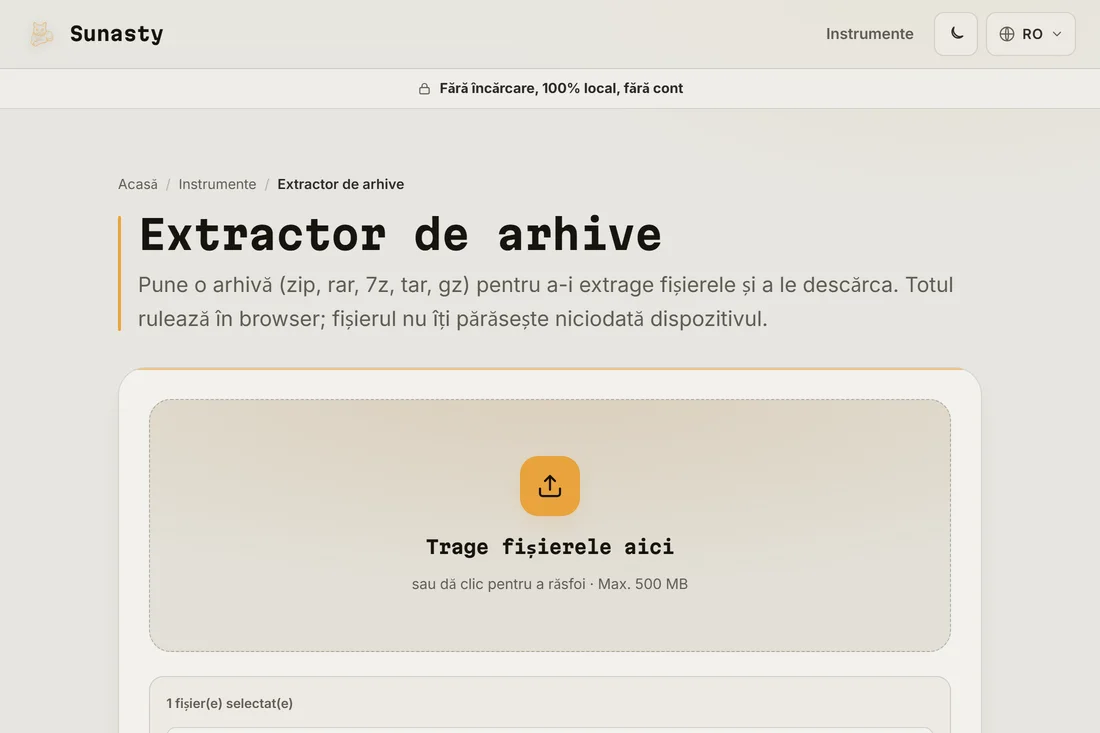 Extractorul de arhive cu un fișier .zip de exemplu plasat în zona de upload, gata de extras