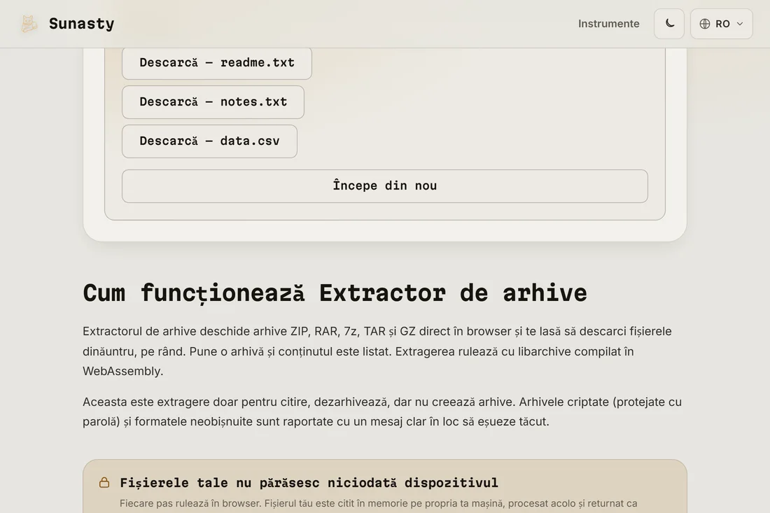 Lista fișierelor extrase, fiecare cu propriul buton de descărcare