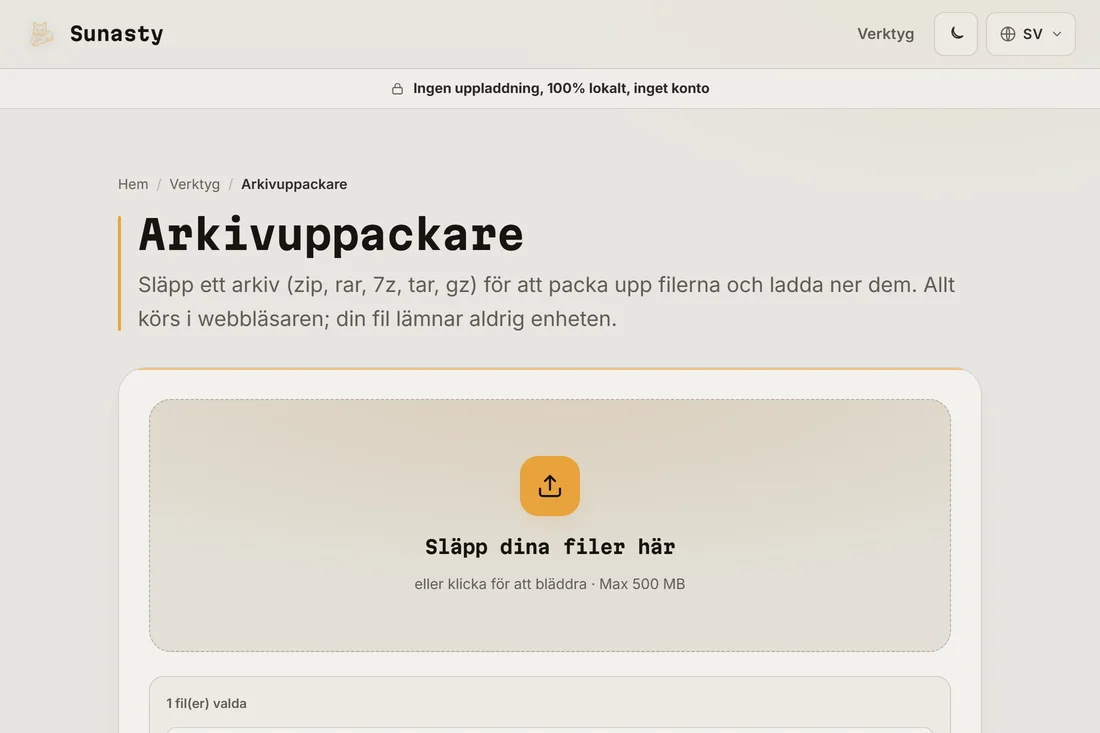 Arkivextraktorn med ett exempel pa .zip-fil inslappt i uppladdningsomradet, redo att extrahera