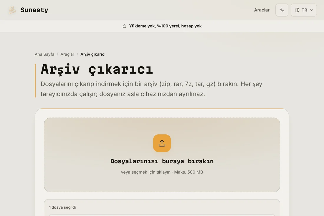 Yükleme alanına bir örnek .zip dosyası bırakış ve ayıklamaya hazır arşiv ayıklayıcı
