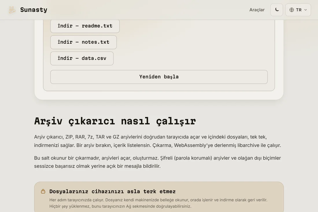 Ayıklanan dosyaların listesi, her birinin kendi indirme düğmesiyle birlikte