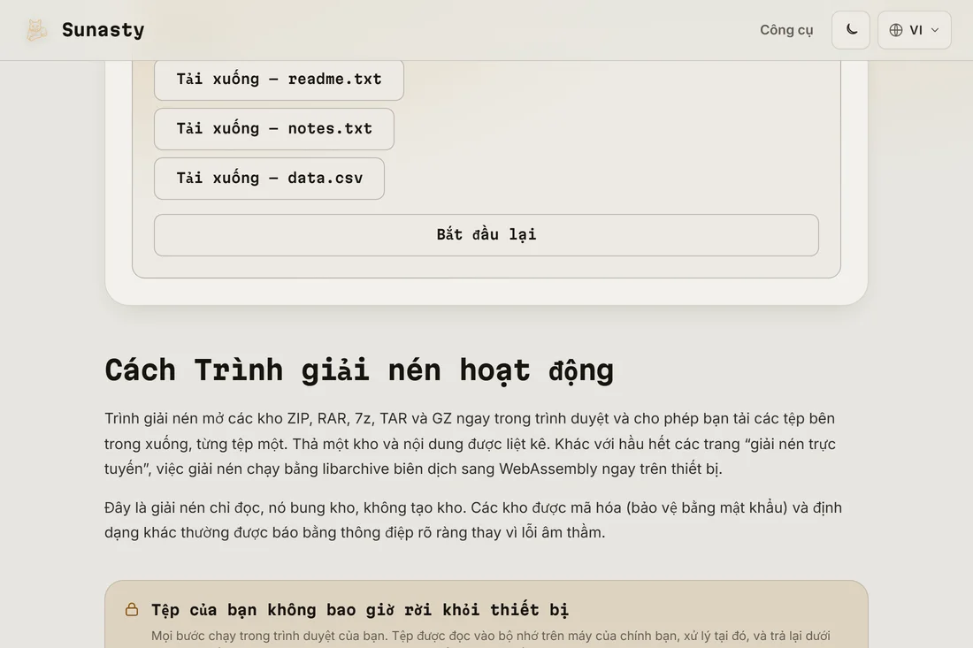 Danh sách các file đã giải nén, mỗi file có nút tải riêng