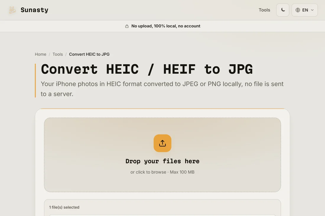 The HEIC converter with an iPhone photo loaded, JPEG format selected