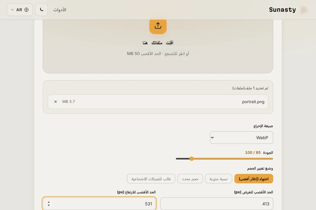 أداة تغيير حجم الصور وقد حُمّلت بها صورة شخصية وأُدخل 413 في 531 بكسل كأبعاد للمخرجات