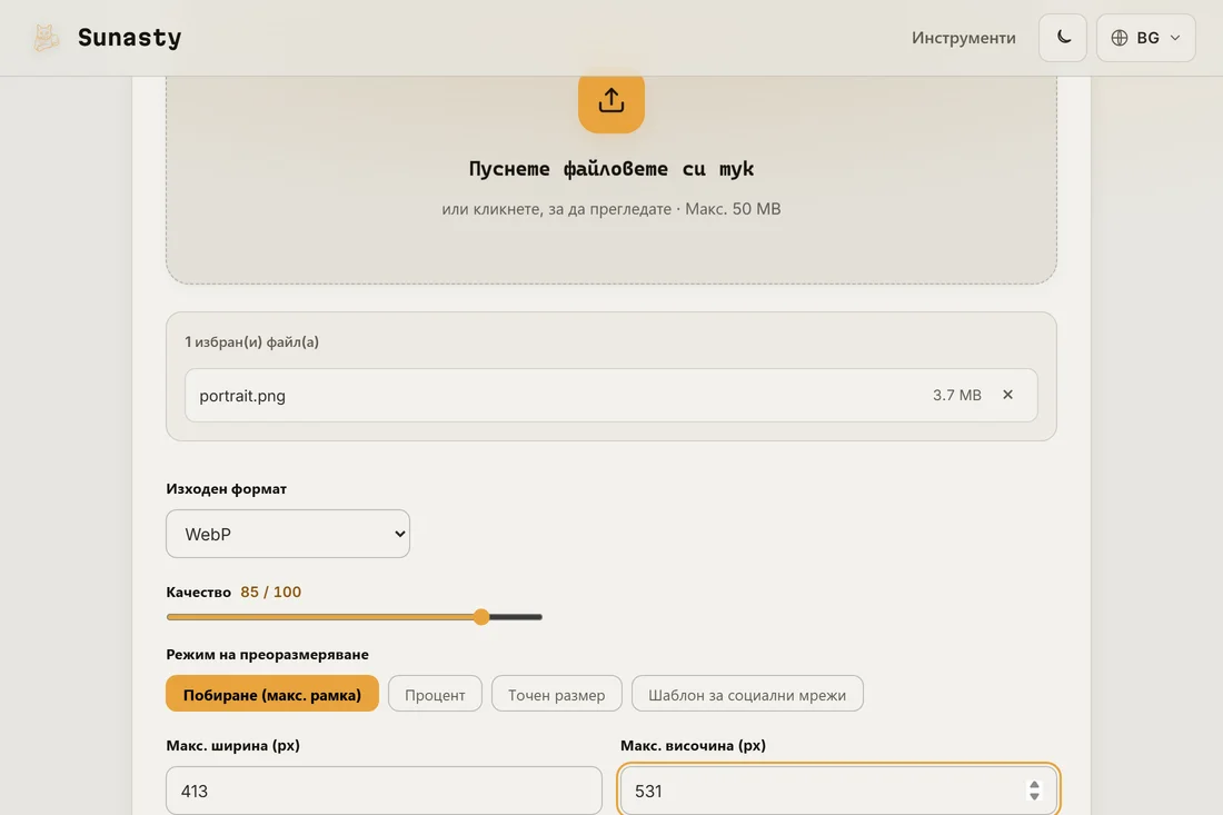 Инструментът за преоразмеряване на изображения със заредена портретна снимка и въведени 413 на 531 пиксела като изходни размери