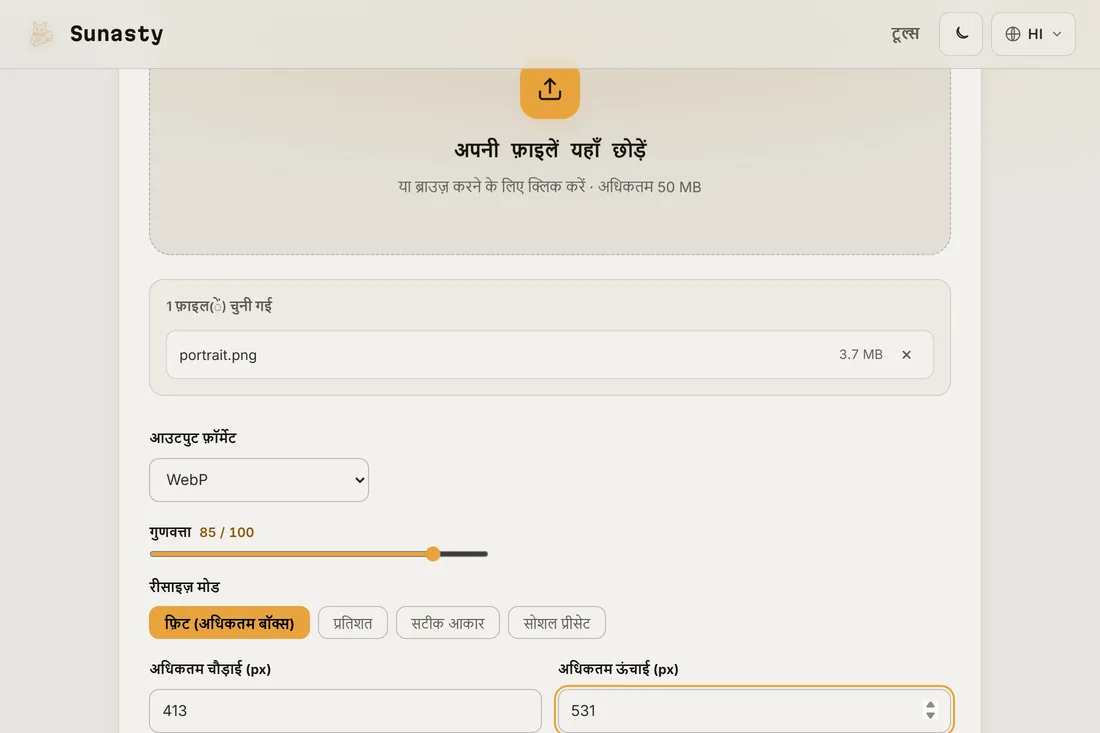 इमेज रीसाइज़र में एक पोर्ट्रेट फोटो लोड है और आउटपुट आयामों के रूप में 413 गुणा 531 पिक्सेल दर्ज किए गए हैं