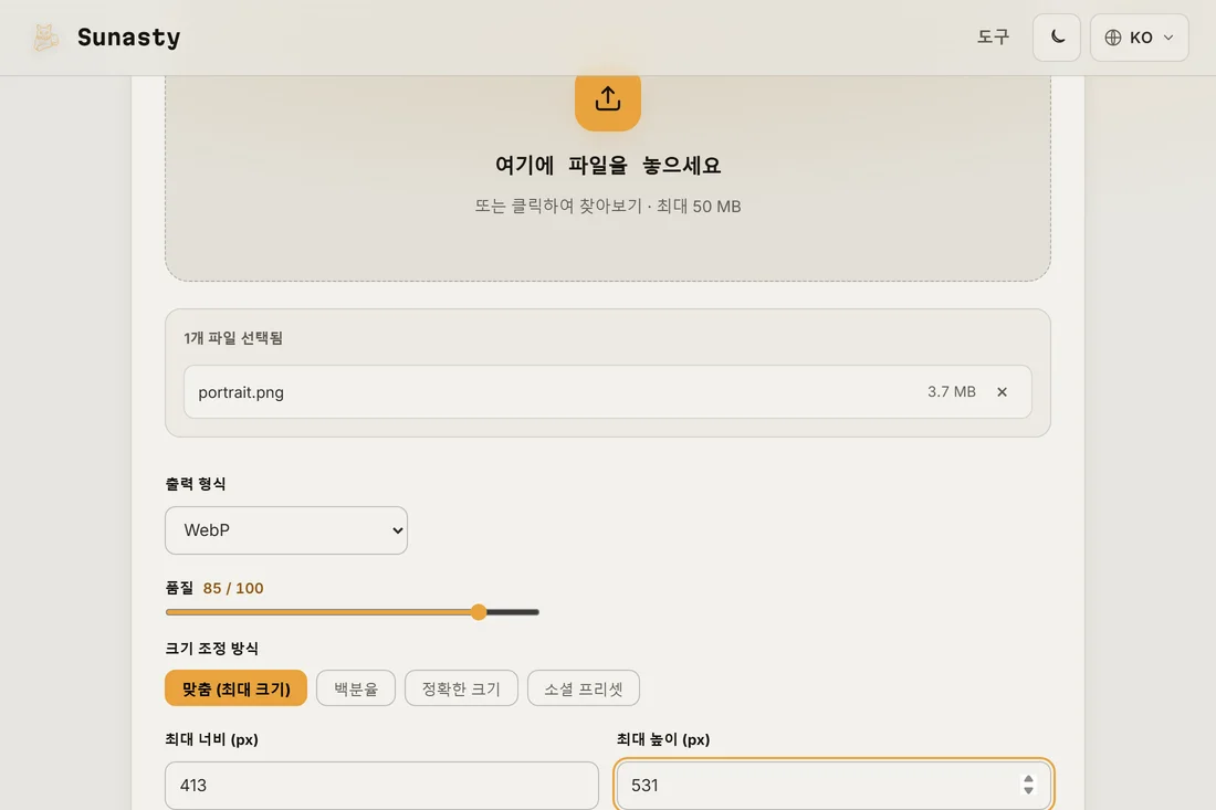 인물 사진이 불러와지고 출력 규격으로 413 x 531 픽셀이 입력된 이미지 크기 조정 도구