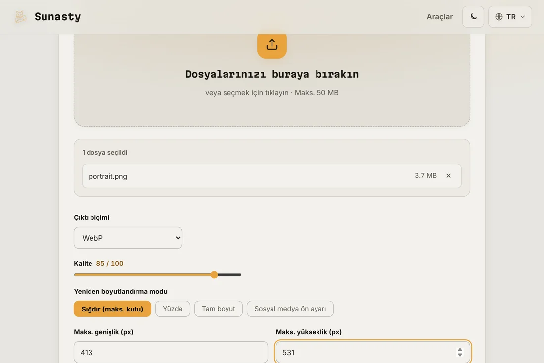 Bir portre fotoğrafı yüklenmiş ve çıktı ölçüsü olarak 413'e 531 piksel girilmiş görsel yeniden boyutlandırıcı