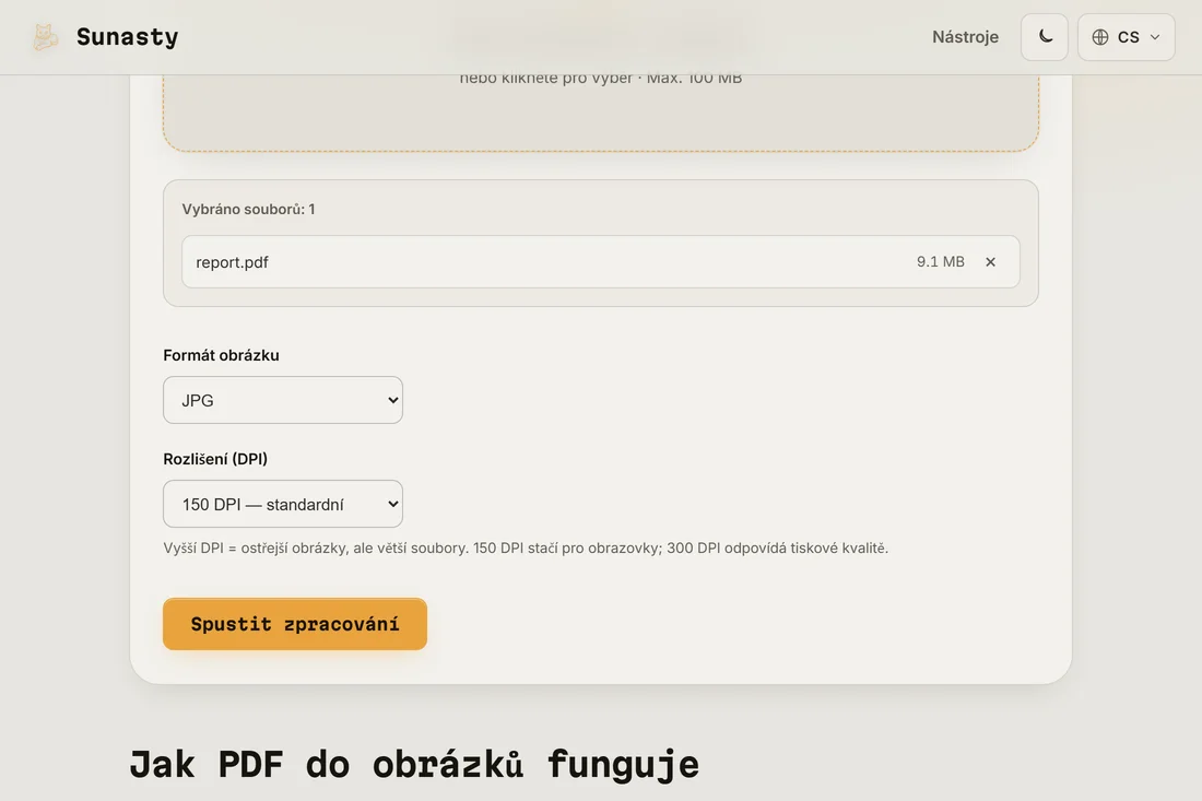 Nástroj PDF na obrázek s načteným dokumentem a zvoleným formátem JPEG při 150 DPI