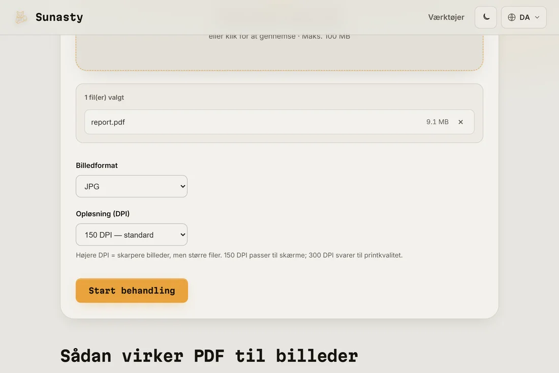 PDF-til-billede-værktøjet med et dokument indlæst og JPEG-format ved 150 DPI valgt