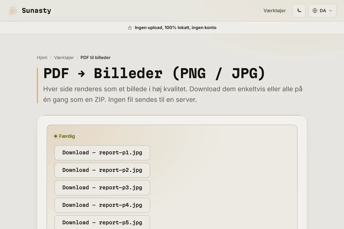 De konverterede JPG-billeder klar til download som enkelte filer eller en ZIP