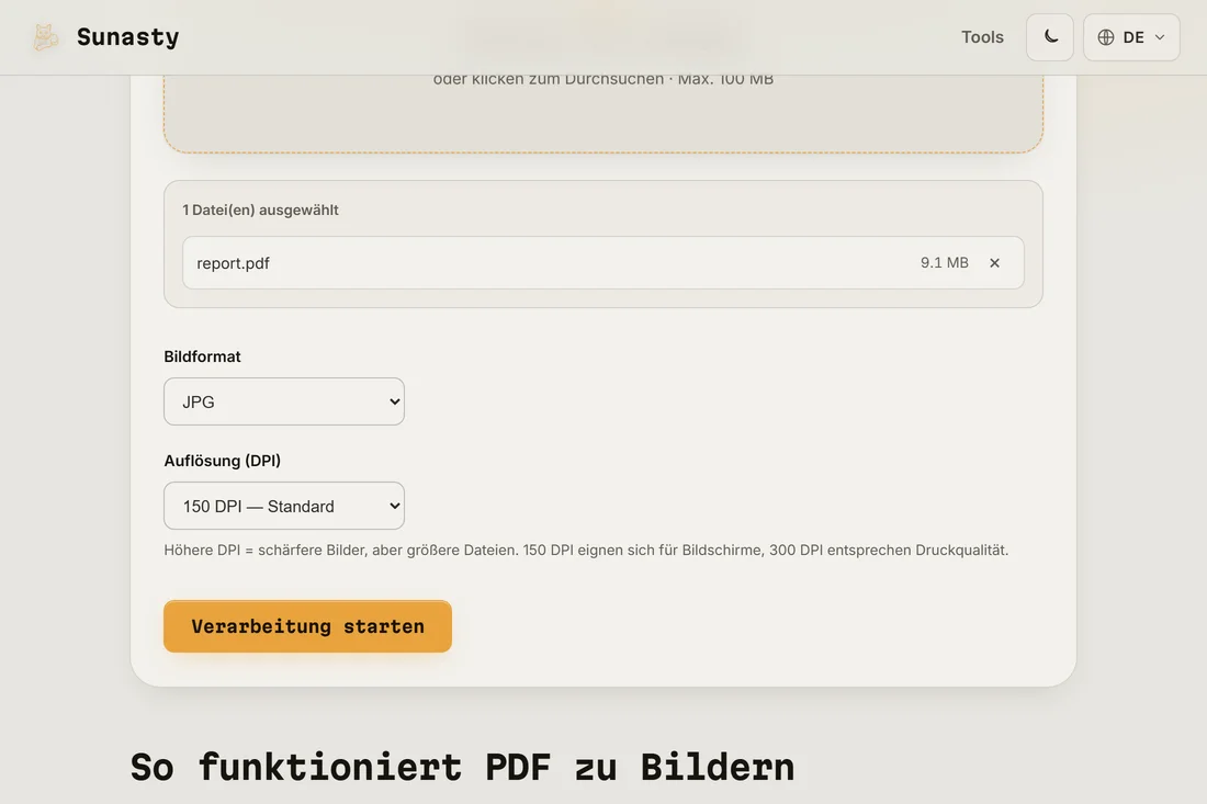 Das Werkzeug PDF zu Bild mit einem geladenen Dokument und gewähltem JPEG-Format bei 150 DPI