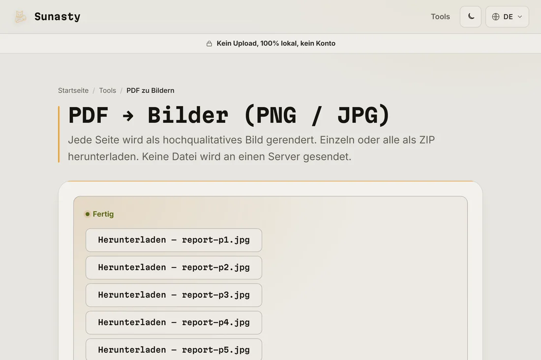 Die umgewandelten JPG-Bilder bereit zum Download als Einzeldateien oder als ZIP