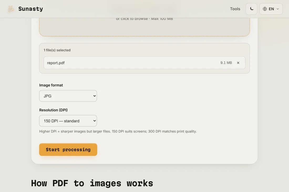 The PDF to image tool with a document loaded and JPEG format at 150 DPI selected