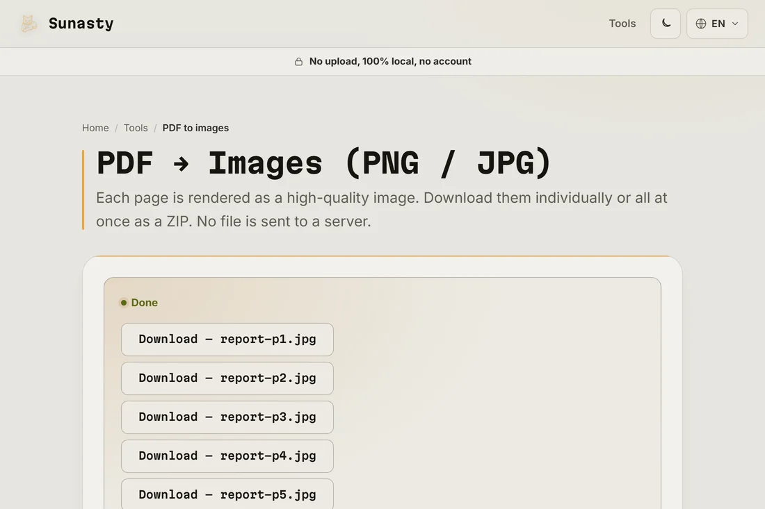The converted JPG images ready to download as individual files or a ZIP