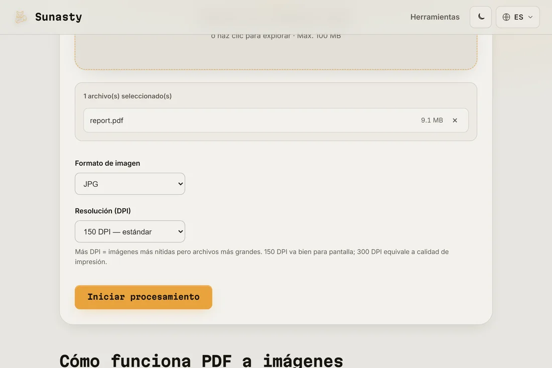 La herramienta de PDF a imagen con un documento cargado y el formato JPEG a 150 DPI seleccionado