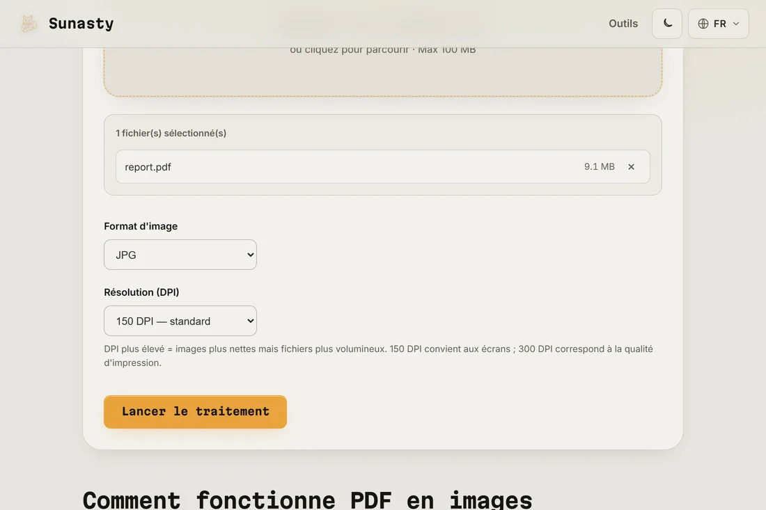 L'outil PDF vers image avec un document chargé et le format JPEG à 150 DPI sélectionné