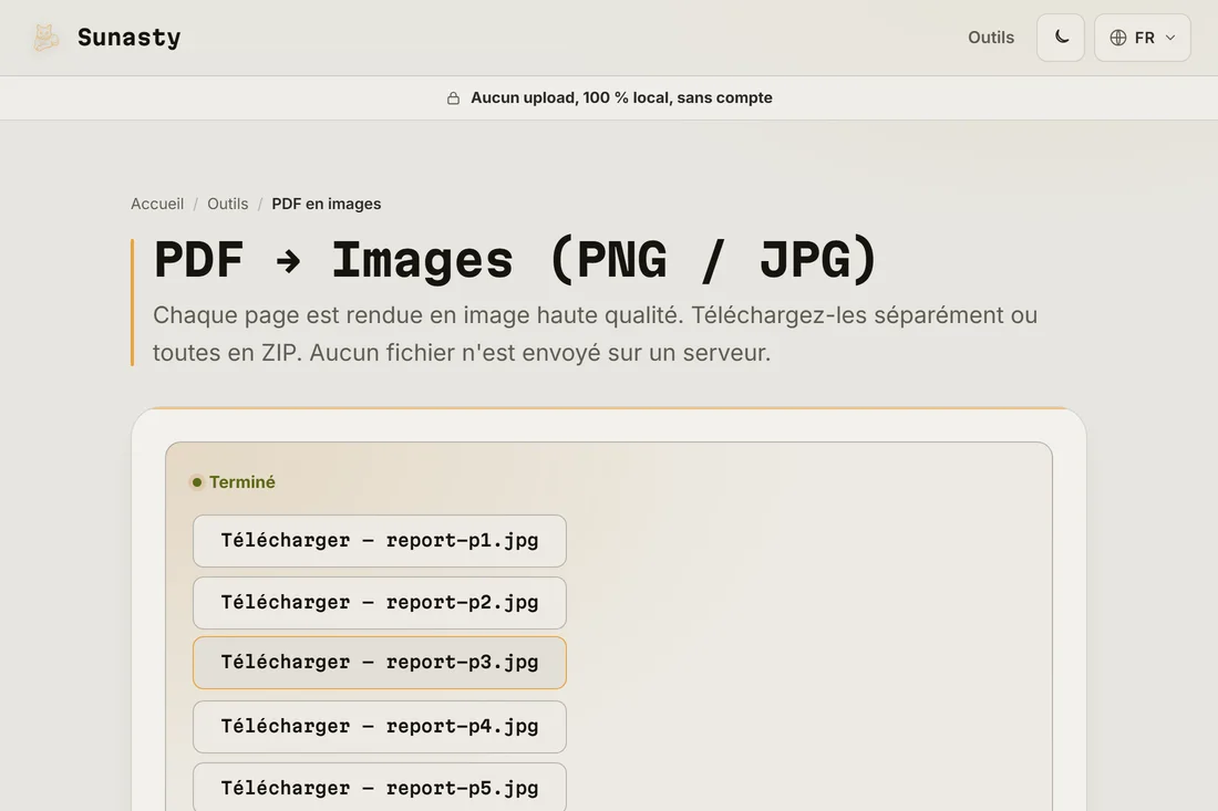 Les images JPG converties prêtes au téléchargement sous forme de fichiers individuels ou d'un ZIP