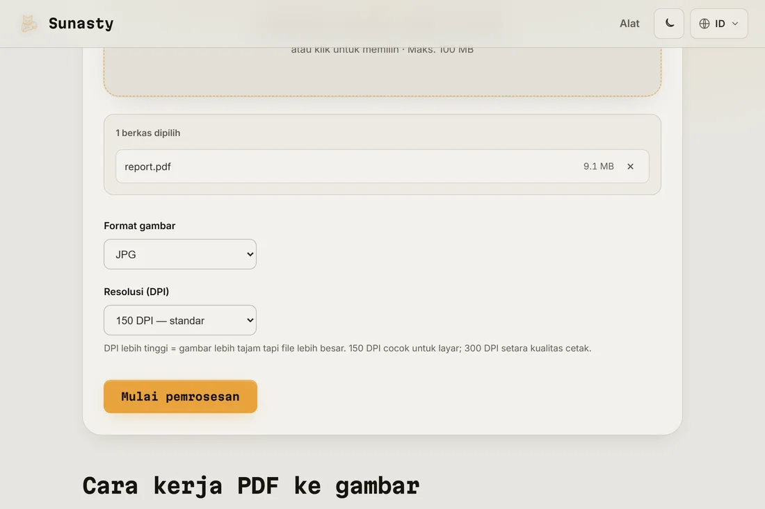 Alat PDF ke gambar dengan dokumen dimuat dan format JPEG pada 150 DPI dipilih