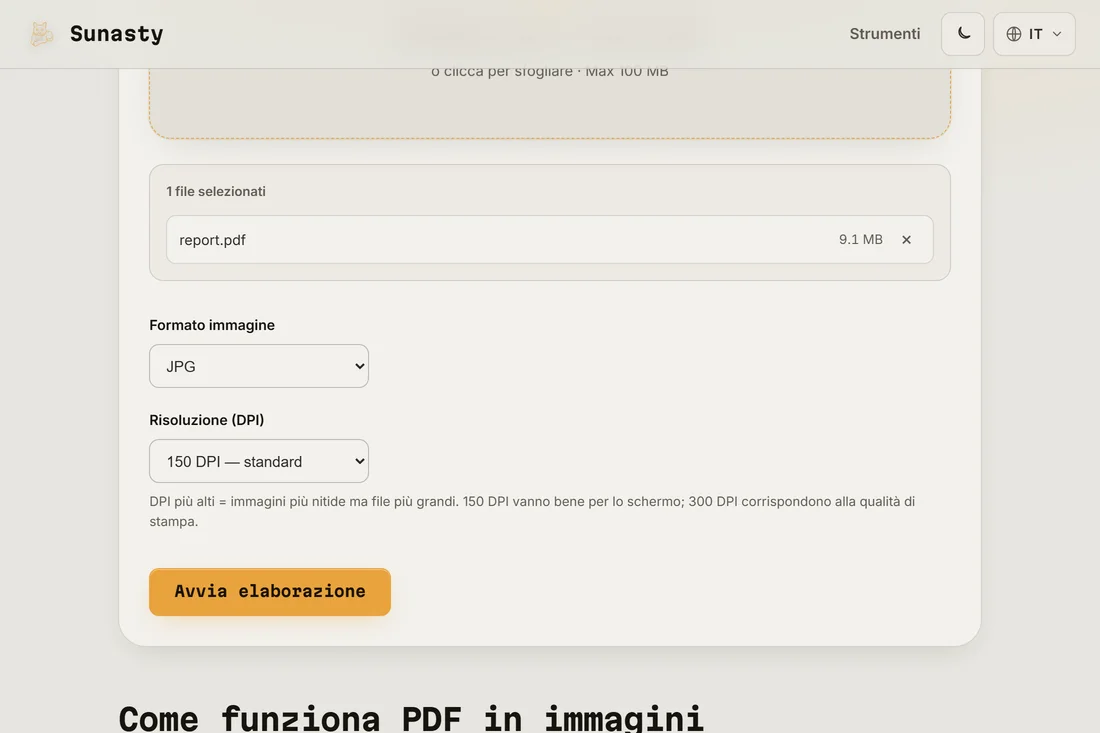 Lo strumento PDF in immagine con un documento caricato e il formato JPEG a 150 DPI selezionato