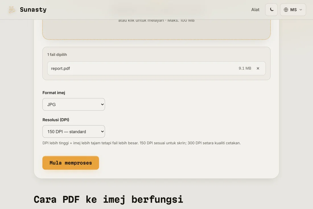 Alat PDF ke imej dengan dokumen dimuatkan dan format JPEG pada 150 DPI dipilih