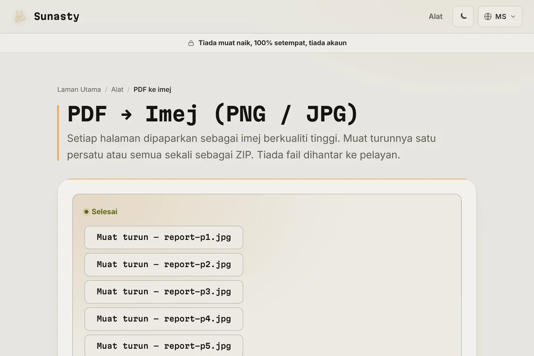 Imej JPG yang ditukar sedia untuk dimuat turun sebagai fail individu atau ZIP