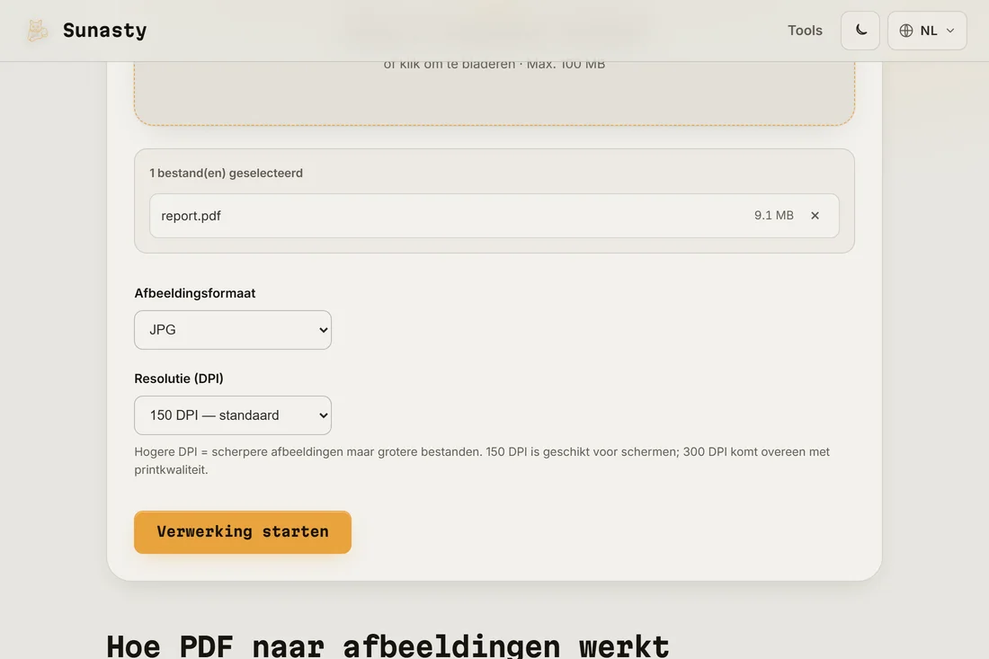 De PDF-naar-afbeelding-tool met een geladen document en JPEG-formaat op 150 DPI geselecteerd