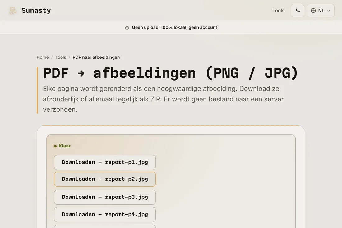 De omgezette JPG-afbeeldingen klaar om te downloaden als losse bestanden of een ZIP