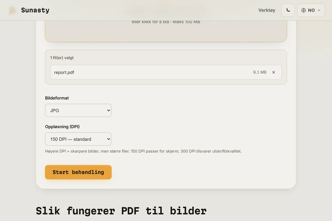 PDF-til-bilde-verktøyet med et dokument lastet inn og JPEG-format på 150 DPI valgt